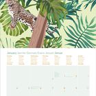 Kalenderblatt Januar; Tage in sechs Sprachen; Illustration: zwei Leoparden auf Bäumen in dichten grünen Blättern.