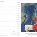 Kalenderseite vom 22. bis 28. März in mehreren Sprachen. Rechts Gemälde eines Esels vor dem Eiffelturm bei Nacht.