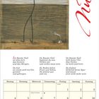 Text: "Halt!", "Null", Gedicht über "Raume Null". Kalender für Januar.  
Illustration: Herz und Pfeile auf Holzstruktur.