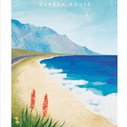 "Garden Route", "Februar". Illustration: Küstenlandschaft mit blauem Meer, Strand, Bergen und roten Blumen im Vordergrund. Kalender.