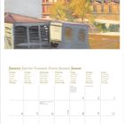 Kalenderblatt für Januar mit Wochentagen in mehreren Sprachen. Oben Gemälde eines Gebäudes mit Bäumen im Vordergrund.