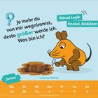 Text: "Je mehr du von mir wegnimmst, desto größer werde ich. Was bin ich? Lösung: ein Loch." Illustration: Eine Maus mit einem Hammer.