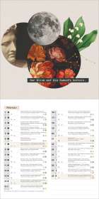 "Der Blick auf die Zukunft befreit." Kalenderblatt für Februar mit Illustrationen von Blumen, Mond, Statue und Maiglöckchen.