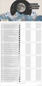 Text: „Nichts ruht. Alles bewegt sich. Alles schwingt.“ Januar. Illustration: Mond über Bergen und Kristallen. Kalenderblatt mit Mondphasen.