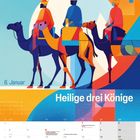 6. Januar, Heilige drei Könige. Illustration von drei Königen auf Kamelen in kräftigen Farben.
