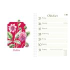 Linke Seite Text: "Dahlia". Rechte Seite: "Oktober", Wochentage 25.–31. Illustration von Dahlienblüten auf rotem Hintergrund.