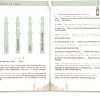 Text: Die Fünf Säulen des Islams; Glaubensbekenntnis, Gebet, Almosengeben, Fasten, Pilgerfahrt nach Mekka. Illustration mit Minaretten.