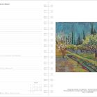 Kalender mit den Tagen 22. bis 28. März. Rechts eine farbenfrohe Landschaftsillustration mit Bäumen und Zypressen.