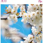 20. KW 2027, Kalenderwoche im Mai. Text: "Das Leben ist eine Komödie, mach bitte kein Drama daraus." Blühende Kirschzweige.