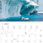 Kalenderblatt für Januar 2027. Große Eisklippen über dem Meer, ein Vogel fliegt, ein kleiner Eisberg im Wasser.