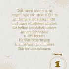 "Göttinnen können uns zeigen, wie wir unsere Kräfte entfachen…" Unten rechts steht "Freitag 1 Januar". Goldene Sonnenstrahlen.