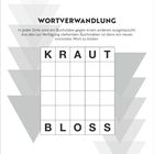 Text: "WORTVERWANDLUNG", "KRAUT", "BLOSS". Montag, 4. Januar 2027. Graue Dreiecke als Hintergrundmuster.