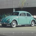 Kalender: Januar 2027. Ein klassischer, hellblauer VW Käfer steht auf einem Parkplatz, umgeben von Pflanzen.