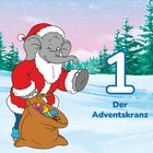 Text: "1 Der Adventskranz". Illustration: Ein Elefant im Weihnachtsmannkostüm mit Geschenksack in verschneiter Landschaft.
