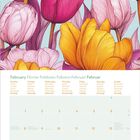 Kalender für Februar 2027 in mehreren Sprachen, darunter Deutsch und Englisch, mit Notizbereich. Illustration von bunten Tulpen.