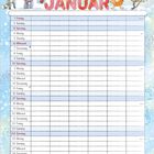 „JANUAR“ in großem, rotem Schriftzug oben. Darunter eine Tabelle mit Daten des Januars. Tiere mit Wintermotiven illustriert.