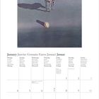 Kalender für Januar in mehreren Sprachen. Oben eine surrealistische Illustration: Pferd mit Totenschädeln und Landschaft.