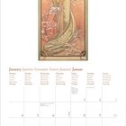 Januar in mehreren Sprachen. Illustration: Frau mit Blumen in pastellfarbenem Kleid, umgeben von floralen Mustern.