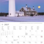 Kalender für Januar 2027 mit Wochen- und Feiertagsinformationen. Bild eines verschneiten Leuchtturms mit lilafarbenem Himmel.