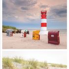 Kalenderseite für Juli 2021. Drei Fotos: Sandweg zum Meer, Leuchtturm mit Strandkörben, Dünenlandschaft.