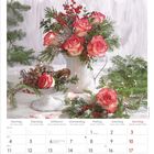 Kalenderseite: Januar 2027. Blumengesteck mit Rosen und Tannenzweigen. Feiertage: Neujahr, Heilige Drei Könige.