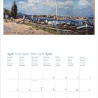 Kalender mit Aprildaten in mehreren Sprachen. Oben ist ein Gemälde einer Flusslandschaft bei schönem Wetter.