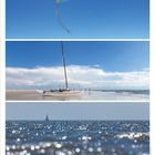 Kalenderblatt mit Monat Oktober 2027. Oben ein bunter Drachen am blauen Himmel, unten ein Boot am Strand und glitzerndes Meer.