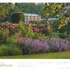 Monatsname "Februar" in grüner Schrift. Bild zeigt einen Garten mit blühenden Pflanzen und einem alten Gewächshaus.