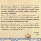 Ein Text erzählt von einer inspirierenden Reise zu den Saronischen Inseln, Treffen mit Musikern und der Entstehung eines Albums. Unten rechts ist ein einfaches Segelschiff auf Wellen illustriert.