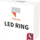 "TEBURU", "LED RING". Einfaches Design auf weißer Schachtel mit einem abstrakten Logo und Pegasus Spiele-Logo.