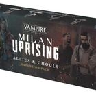 "Milan Uprising", "Allies & Ghouls", "Expansion Pack". Illustration von Figuren, darunter ein Mann mit Bart und eine Frau.