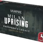 Schachtel mit Text: "Vampire The Masquerade, Milan Uprising, Prospero's Legacy, Expansion Pack." Pegasus Spiele Logo abgebildet.