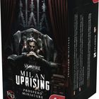 "Vampire: Milan Uprising" und "PROSPERÓ MINIATURE" sind die Haupttexte. Ein Mann in einem dunklen Raum sitzt ernst auf einem Sessel.