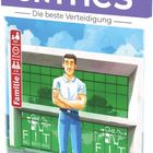 "Die beste Verteidigung" steht über einem Mann in Jeans vor einem Fitnessstudio. Links Symbole für Alter, Dauer, Spielerzahl.