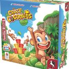 "Crazy Coconuts" in gelber Schrift. Fröhliche Affen werfen Kokosnüsse in Becher, umgeben von tropischen Pflanzen.