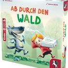 „AB DURCH DEN WALD“ in großen Buchstaben. Ein Wolf läuft mit Besteck, ein Kind mit rotem Umhang und Pizza-Schachtel. Pegasus-Logo.