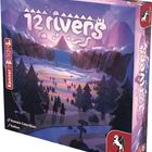„12 rivers“, „Kennerspiel“, „Romain Caterdjian“, „Dofinn“, „Pegasus Spiele“. Eine mystische Landschaft mit Bäumen und Fluss in der Dämmerung.