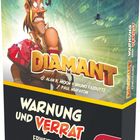 Text: "DIAMANT", "WARNUNG UND VERRAT Erweiterung", "Pegasus Spiele". 

Ein Cartoon-Abenteurer hält rote Edelsteine, umgeben von Dschungel mit einer Spinne.