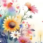 Bunte Illustration von Blumen mit Sonnenblumen, Gänseblümchen und Farbspritzern, hell und lebendig gestaltet.