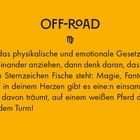 Text: "OFF-ROAD" mit einem Jungfrau-Symbol. Text über Gegensätze, Romantik und Träume auf gelbem Hintergrund.