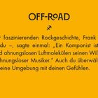 OFF-ROAD. Ein Zitat von Frank Zappa zu Komponisten und Gefühlen. Schwarzer Text auf gelbem Hintergrund.