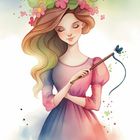 Text: "11" und "WHIP". Eine Frau in einem rosa Kleid mit Blumenkranz und einem Stab mit Schmetterling in Pastelltönen.