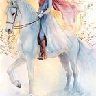 "1" in einer Schneeflocke, "RIDER" unten. Illustration einer Frau auf einem weißen Pferd, winterlich bekleidet.