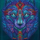 Text: "ARCTIC FOX", "Hope". Eine bunte, kunstvolle Illustration eines Fuchsgesichts in lebendigen Blau- und Rottönen.