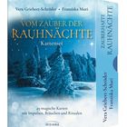 Text: "Vom Zauber der Rauhnächte" Kartenset. "49 magische Karten mit Impulsen, Bräuchen und Ritualen." Winterlandschaft.
