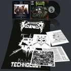 "VOIVOD" und "KILLING TECHNOLOGY" in einer robusten Schrift. Design mit technisch-militärischen Motiven und Schallplatte.