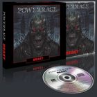 "POWERRAGE BEAST" oben und unten. Dunkles Albumcover mit einem furchterregenden, metallischen Schädel mit roten Augen.