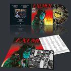"EXUMER", "POSSESSED BY FIRE". Schallplatte in Schwarz-Gelb mit gesprenkeltem Muster, Cover mit maskierter Figur vor Flammen.