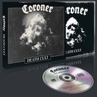 Text "Coroner", "Death Cult". Ein Schädel umgeben von Rauch auf einem CD-Cover, daneben die CD mit gleichem Design.