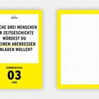 Text links: "Hotel Matze. Welche drei Menschen der Zeitgeschichte würdest du zu einem Abendessen einladen wollen? Donnerstag, 03 Juni." Rechts: Gepunktetes Muster. Gelbe Rahmen.